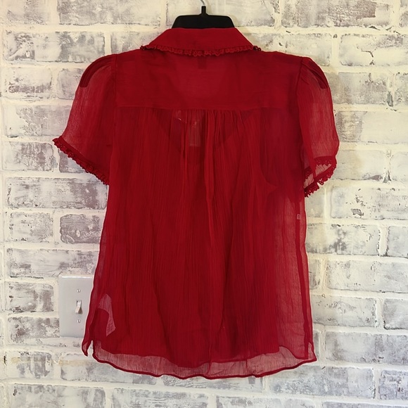 J.Crew Women’s Sheer Lace-Trim Button Up Shirt Short Sleeves Red NWT Sz 00 CD018 - Picture 7 of 9